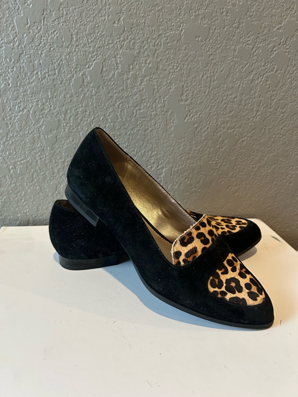 Alfani step n flex Black Suede Loafers with Leopard Print Accent size 7